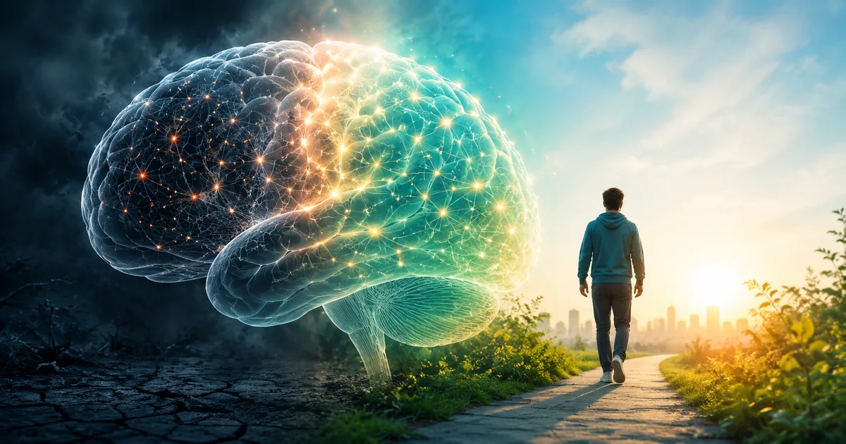 Illustration of a human brain with neural pathways shifting from dark to bright teal light as a diverse adult walks toward the light, symbolizing addiction recovery and healing