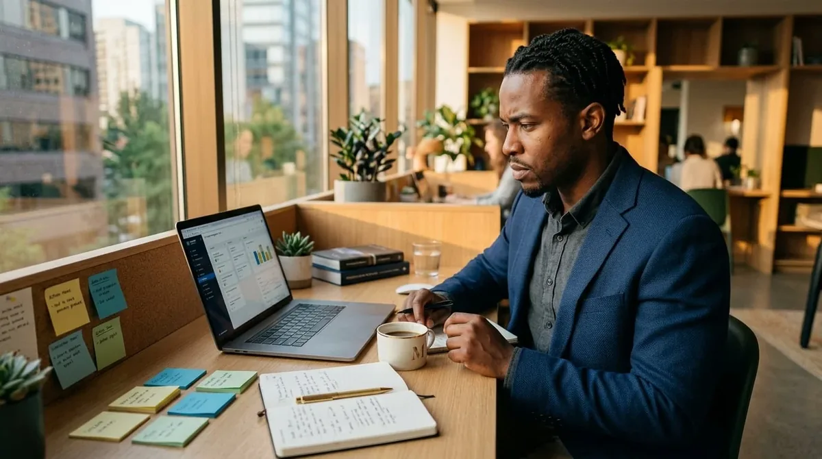 An adult at a cluttered desk looking thoughtful and slightly overwhelmed, representing the everyday experience of undiagnosed adult ADHD