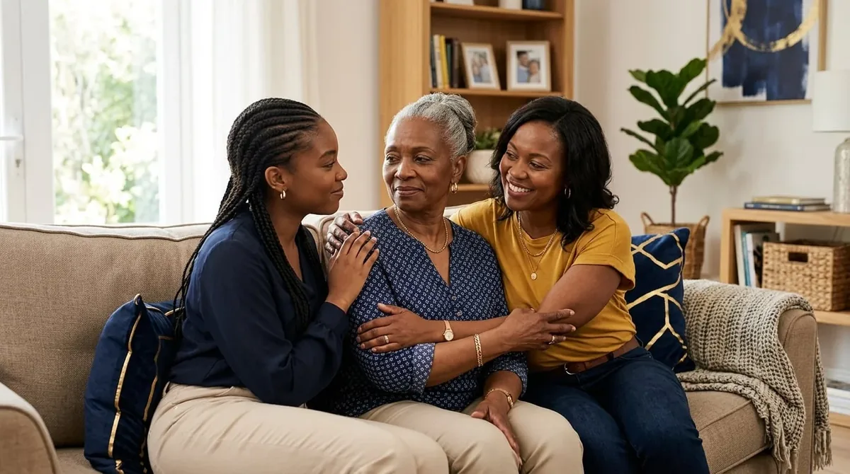 A warm multigenerational Black family talking together at home, representing open conversations about mental health in African and Caribbean communities