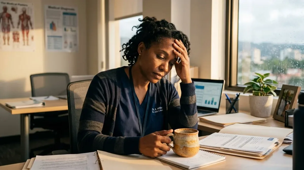 A tired professional resting their head in their hands at a desk near a window, representing the overlap between burnout and depression