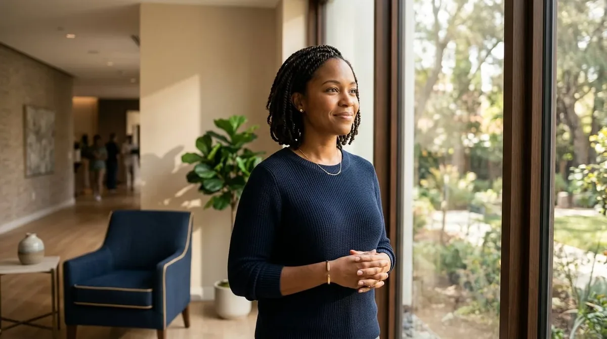 A calm, hopeful person sitting near a bright window in a warm clinical setting, representing new hope in treatment-resistant depression care in Massachusetts